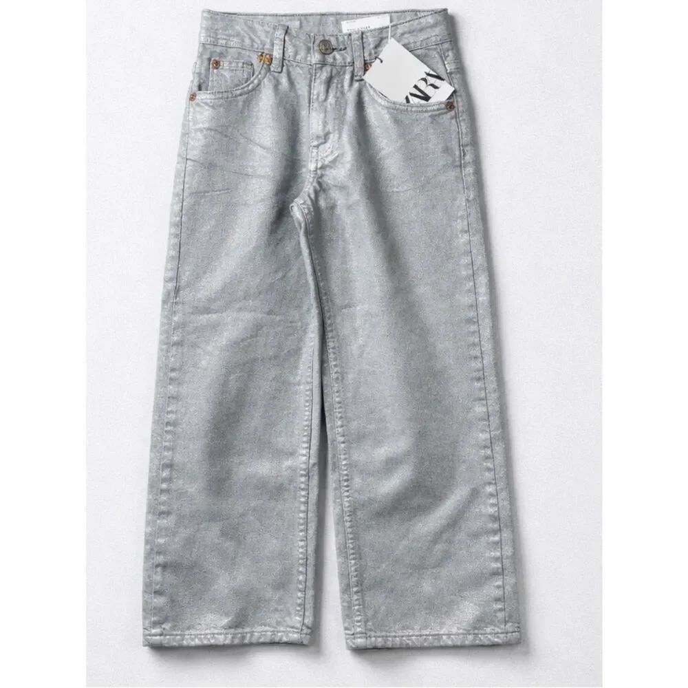 Zara straight fit silver grey wax cotton denim jeans size 7 NWT
